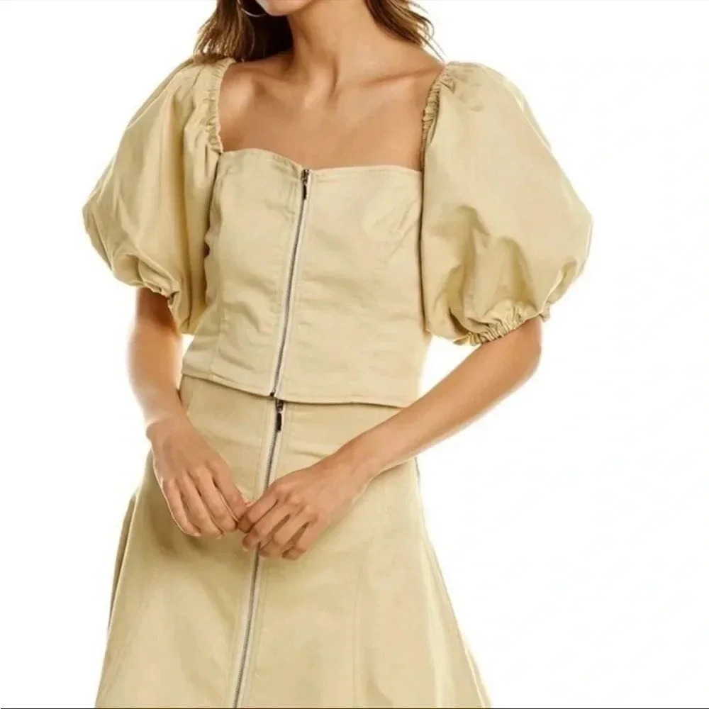 NICOLAS tan puff sleeve linen cotton top